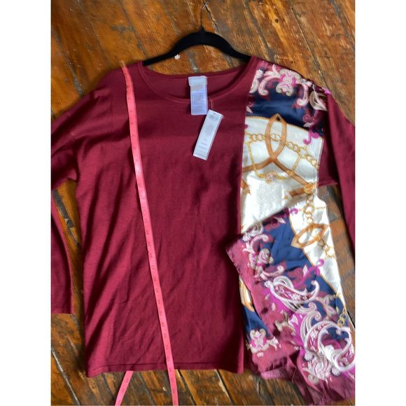 Chicos NWT Scarf-Trim Sweater Maroon Silk Like Blouse, Sz 1 (Medium), MSRP $109 - Picture 10 of 11